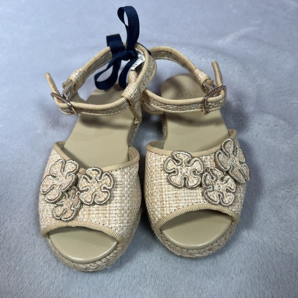 Janie and Jack Sandals Girls 8 Toddler Tan Flower Espadrille Straw Shoes Summer - Picture 5 of 8